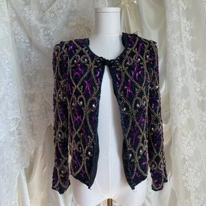 Laurence Kazar Purple Full Sequined and Beaded 100% Silk Shell Jacket